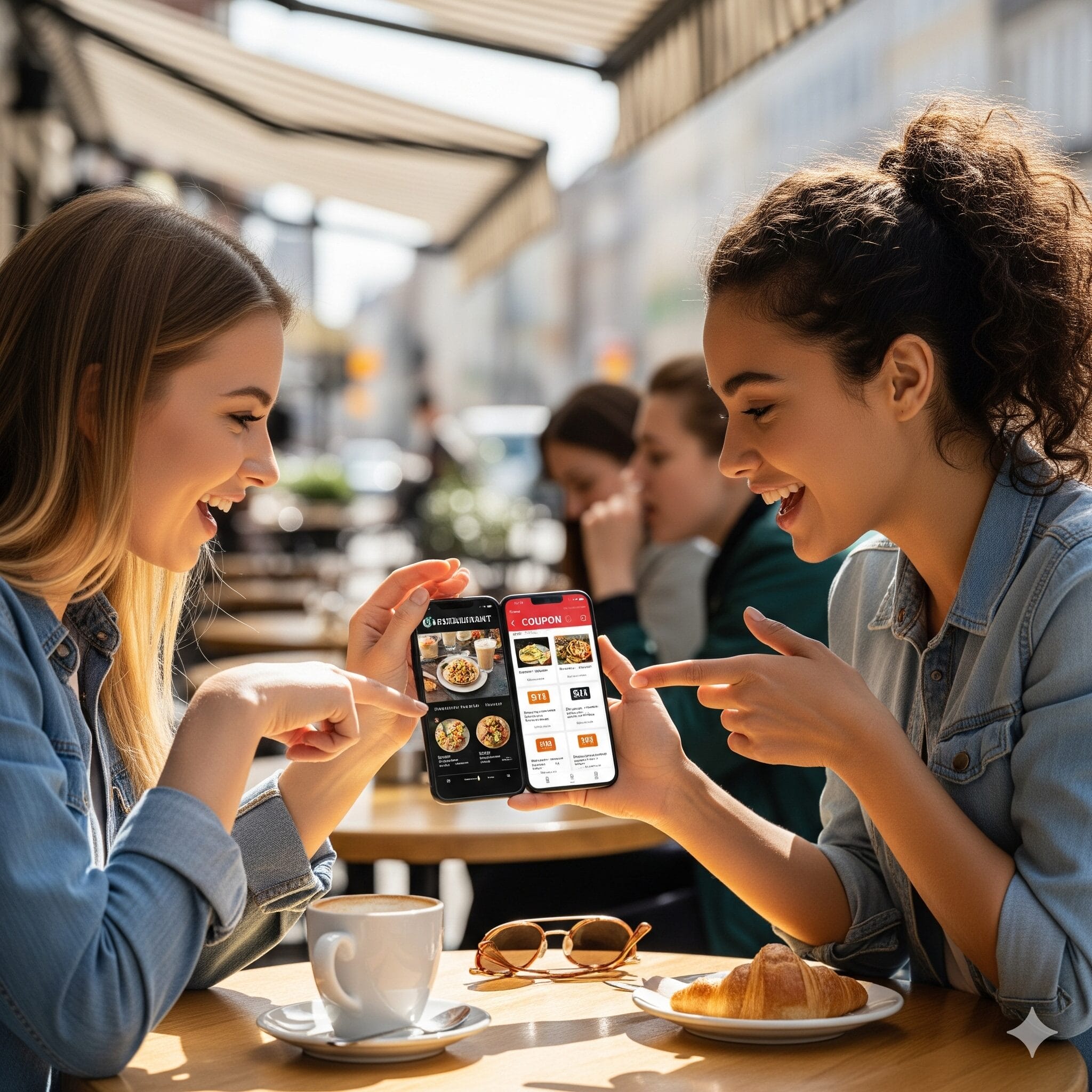 カフェでランチメニューとクーポンアプリを見比べる二人の女性
