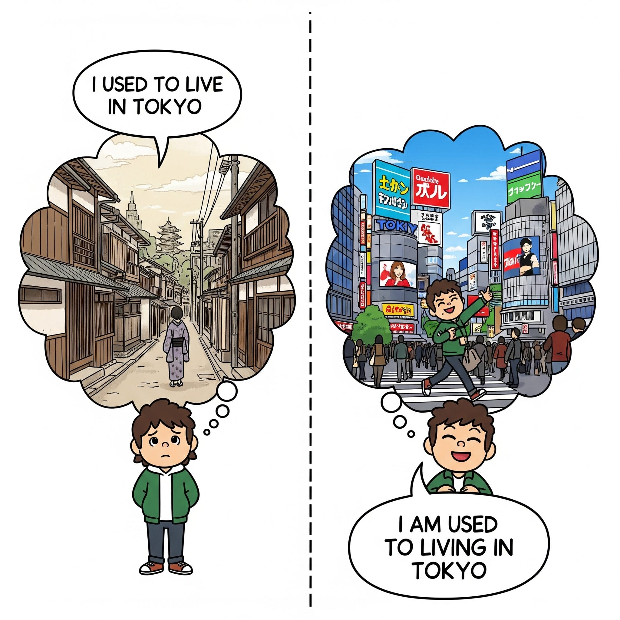 used to と be used to の意味の違いを示すイラスト