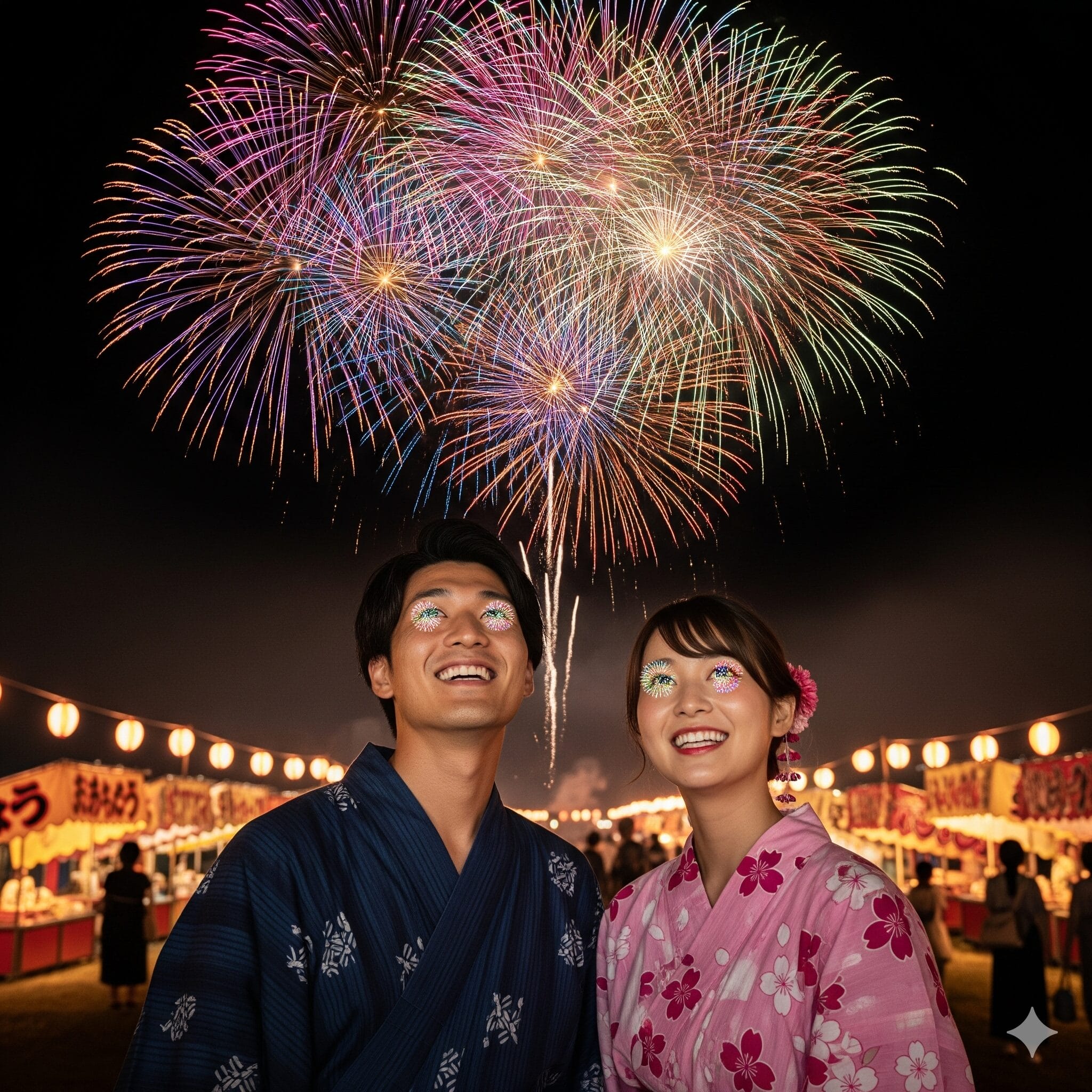 浴衣を着たカップルが夜空に打ちあがる花火を見上げている
