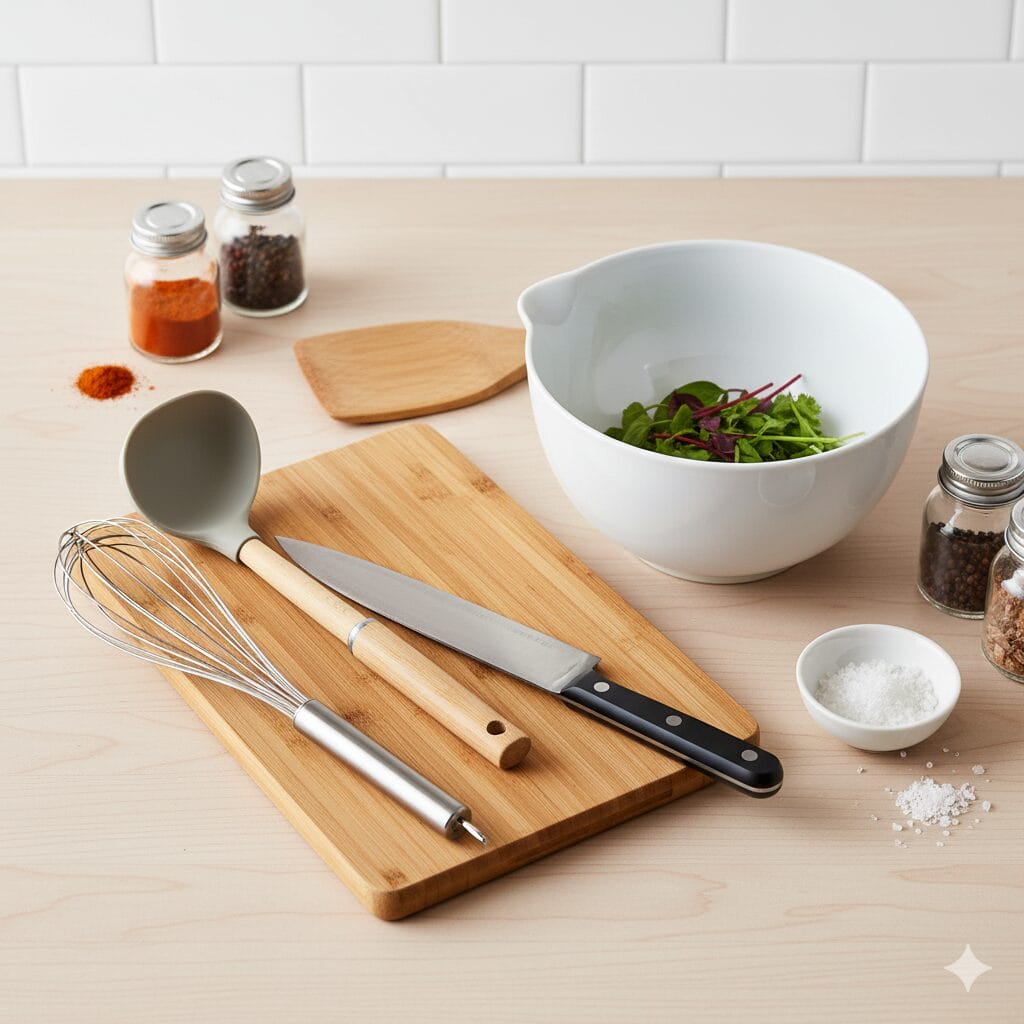 おしゃれに並べられた泡立て器やおたまなどの調理器具
