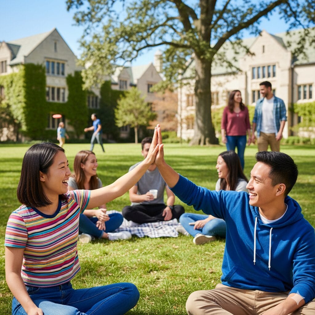 大学のキャンパスで楽しそうにハイタッチする学生たち