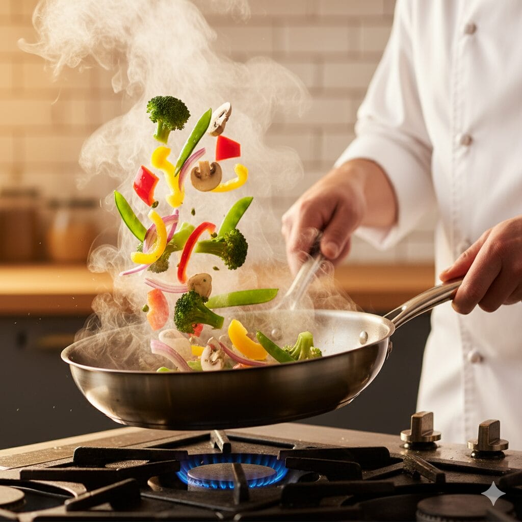 フライパンで野菜をソテーしているシェフの手のクローズアップ