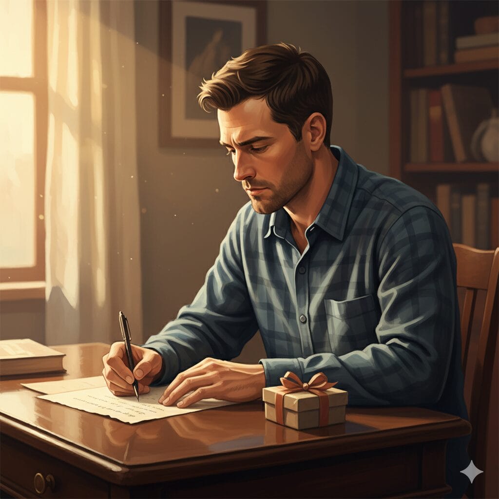心を込めて英語の手紙を書く男性