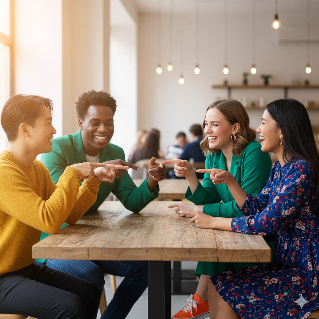 カフェでカラフルな服を見せ合いながら楽しそうに会話する多国籍の友人グループ