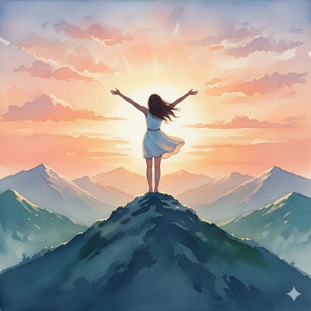 夕日を背景に山の頂上で喜ぶ女性のイラスト