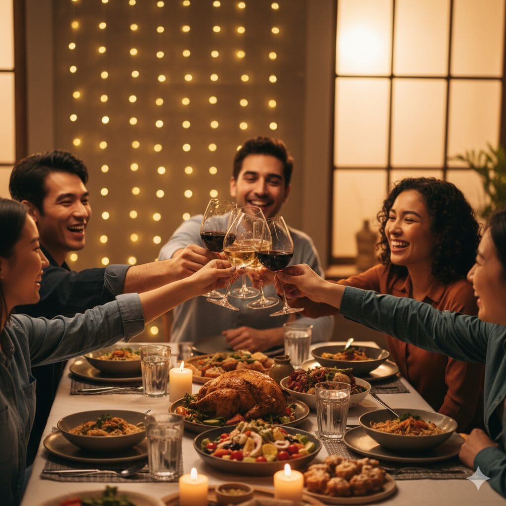 食卓を囲んで笑顔で乾杯する多国籍の友人たち