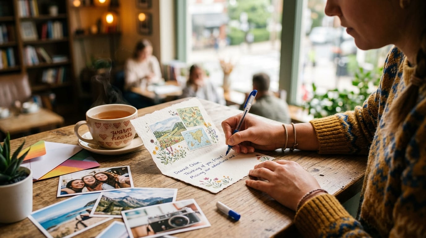 カフェでリラックスしながら友人へグリーティングカードを書いている様子