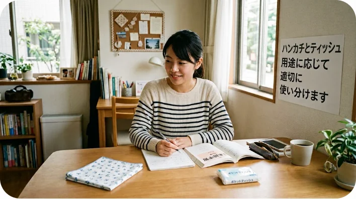 清潔な木のテーブルの上に整然と並べられた、折りたたまれた綿のハンカチと箱入りの顔用ティッシュの写真