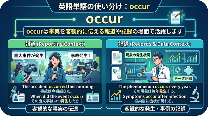 ニュースキャスターが都市を背景に客観的な事実を報道している様子