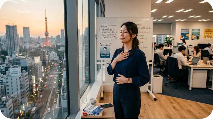 デスクで深呼吸をして仕事の緊張から解放されようとする多様なビジネスパーソンの様子