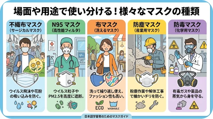 木製のテーブルの上にきれいに並べられたサージカルマスク、布マスク、N95マスク
