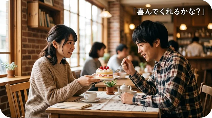カフェで友人にプレゼントを渡し、喜んでくれることを期待している女性たちの様子