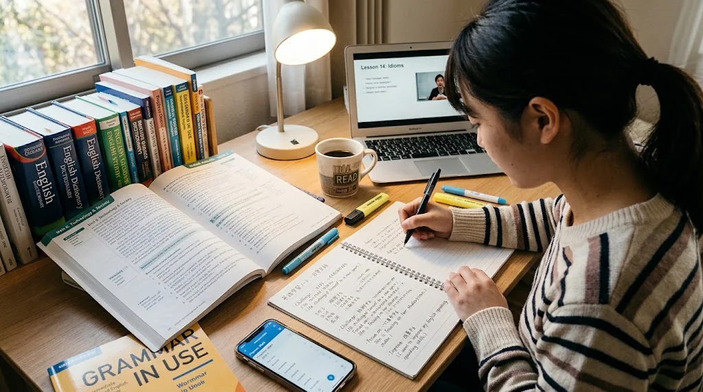 ノートや英語のテキストが広げられた学習デスク