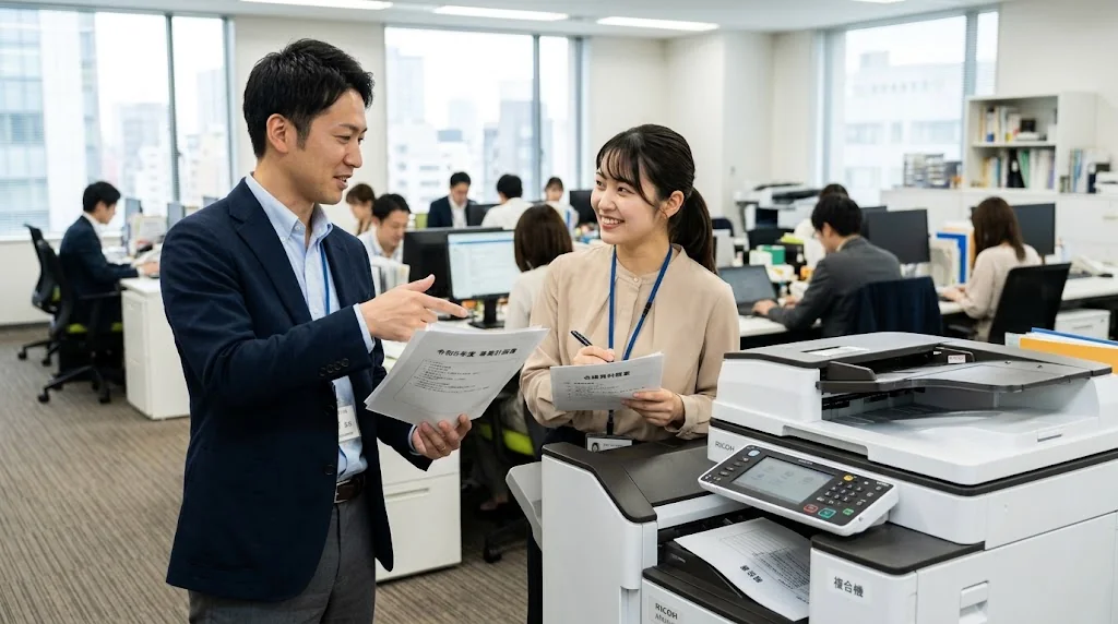 オフィスのプリンターの前で書類について話す2人の同僚