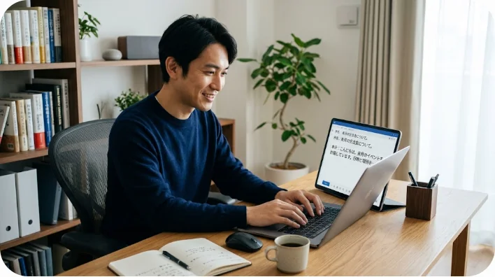 整頓された机で考えながらノートパソコンでメールを打つ大人の様子