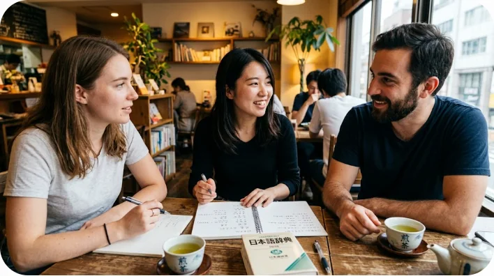 カフェでノートを広げながら日本の文化について語り合う多様な人々の様子