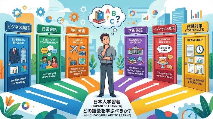 英語の語彙の選択を象徴する6つの異なる道や扉を示すインフォグラフィックと日本人の学習者