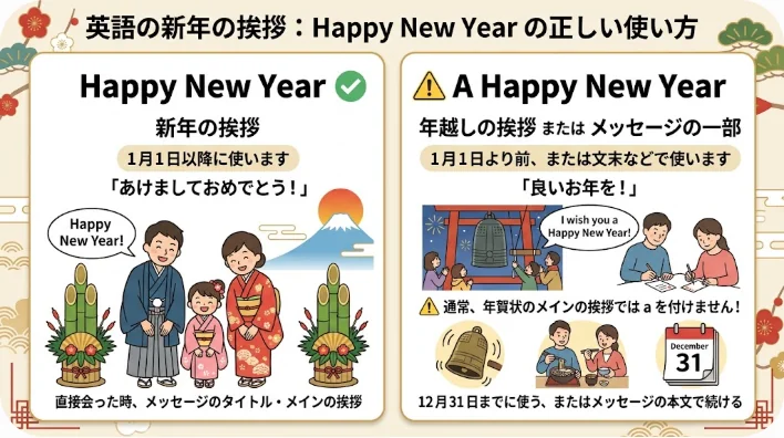 木製のデスクの上に置かれた、美しく手書きされた新年のグリーティングカードと装飾