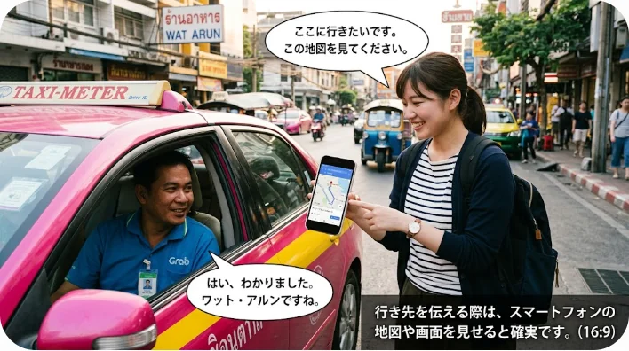 タクシーの車内で、日本人乗客がアフリカ系のフレンドリーな運転手にスマートフォンの地図を見せている。窓から暖かい日差しが差し込む、リアルでポジティブな雰囲気