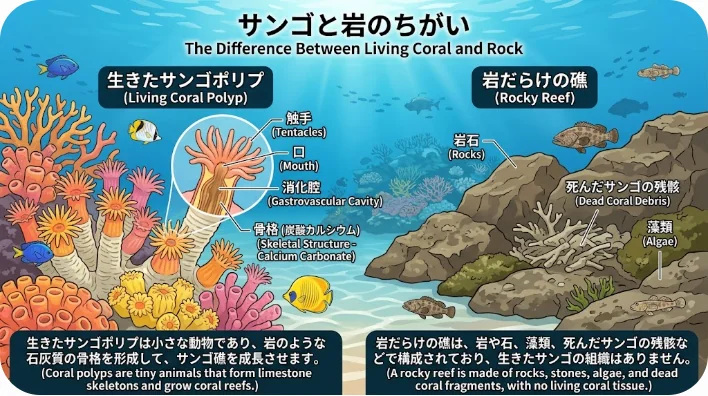 サンゴのポリプと岩礁の違いを示す教育的なイラスト