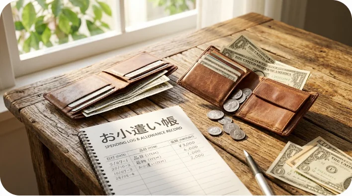 木製のテーブルの上に置かれた革の財布、硬貨、米ドル紙幣、お小遣い帳