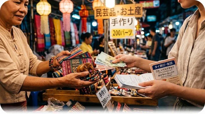 伝統的な露店で現地通貨とおみやげを交換する手元のクローズアップ