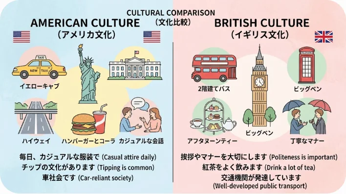 アメリカとイギリスの文化比較を示すシンプルでエレガントなイラスト