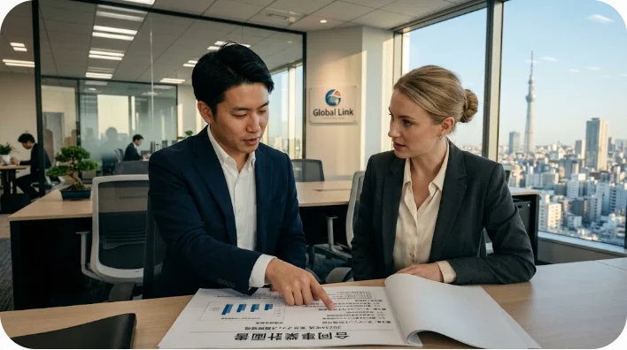 書類を見ながら和暦について話し合う外国人と日本人のオフィスワーカー