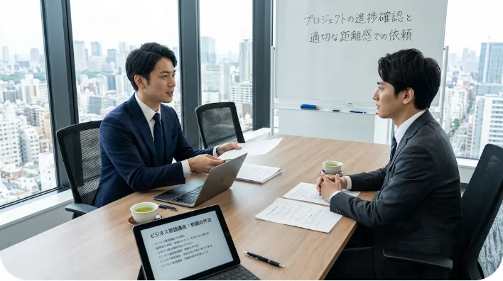 ビデオ通話で相手に配慮しながら丁寧に依頼を行うビジネスパーソンの様子