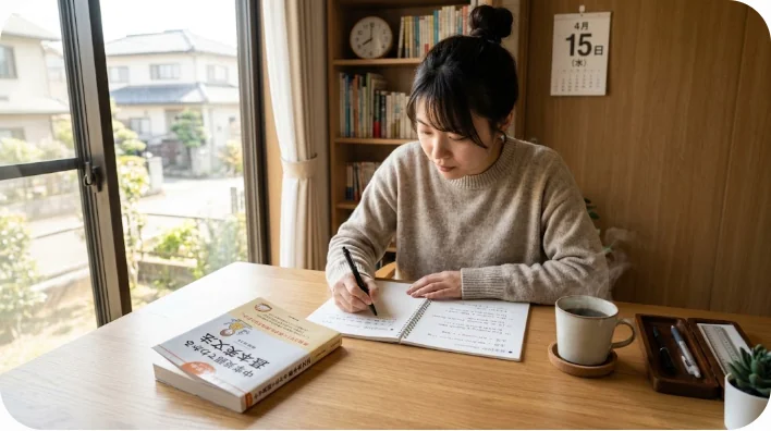 整頓された机の上に英語の文法書と手書きのノート、コーヒーが置かれた朝の学習環境