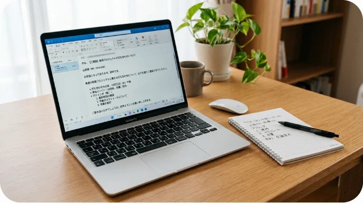 清潔なデスク上のノートパソコンの画面とメモ帳のクローズアップ。箇条書きのあるビジネスメールの下書きが映っている。