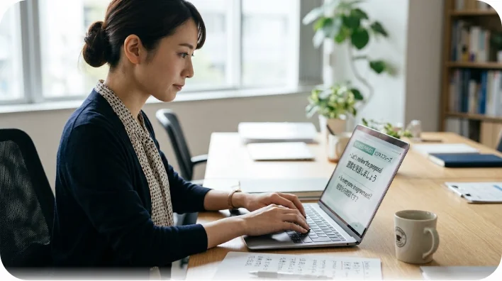 整理された木のデスクで、ノートパソコンのキーボードを丁寧にタイピングする日本の女性会社員のクローズアップ
