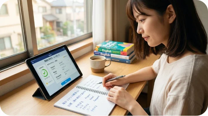 タブレットにカレンダーアプリが表示されているクリーンなデスク