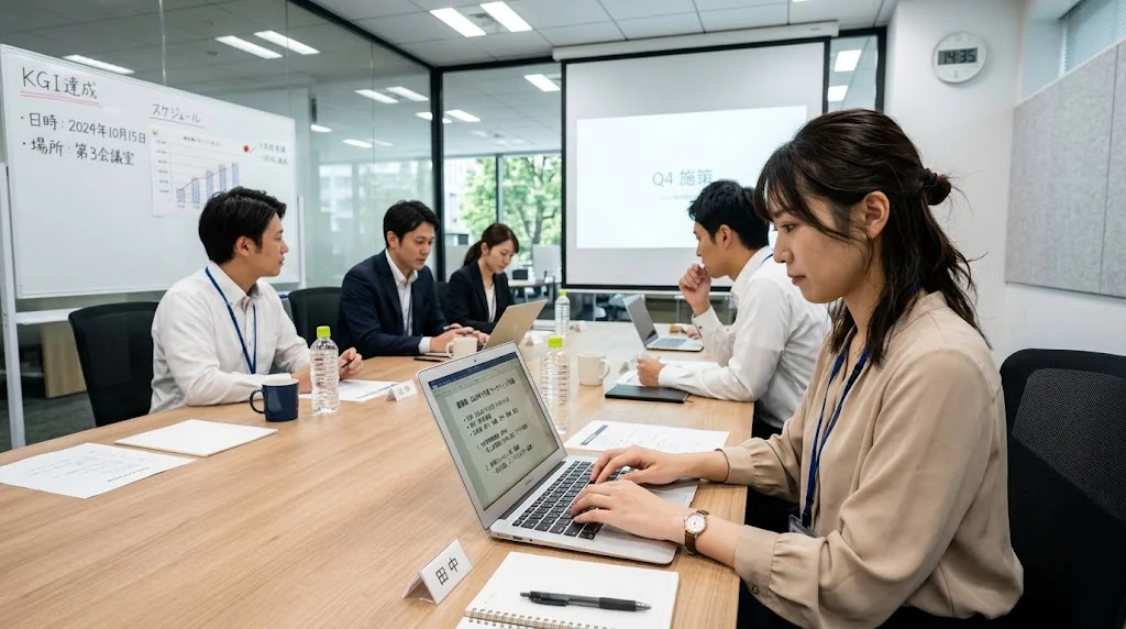 会議室でノートパソコンを使って議事録を作成している様子