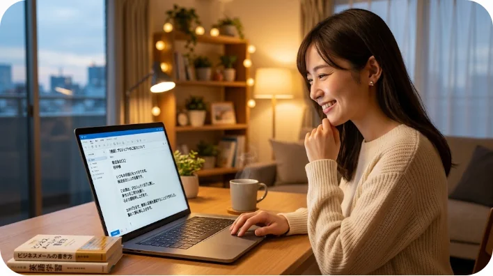 カフェのバリスタと笑顔で会話する学習者