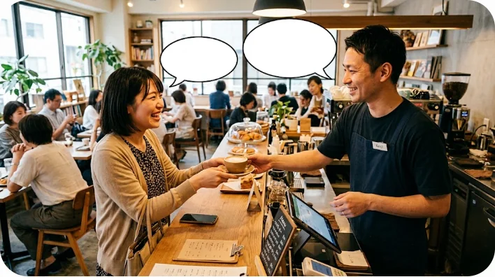 活気あるカフェで親切なバリスタが笑顔の常連の日本人客にコーヒーを提供している