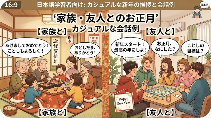 居心地の良いリビングルームでのカジュアルな新年会で、グラスを掲げて笑い合う多様な友人たちのグループ