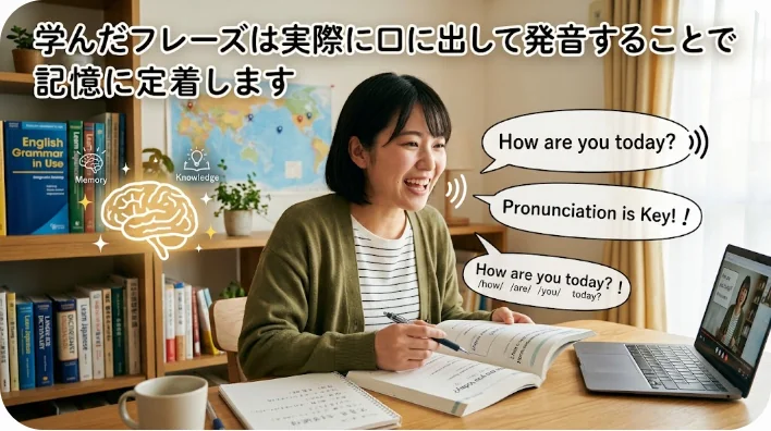 折りたたまれたハンカチを持ちながら、スマートフォンの画面を見て英語の発音練習をしている東アジア人の大人の写真。明るく励まされるような雰囲気。