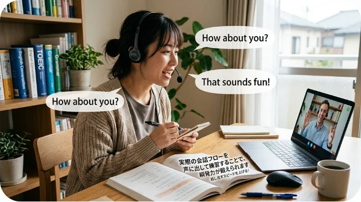 机に向かってノートとパソコンを開き、自信に満ちた表情で英語学習に取り組む学習者