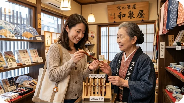 美しい装飾が施されたペンを手に持ち、土産物店の店主と笑顔で話す東アジア人観光客