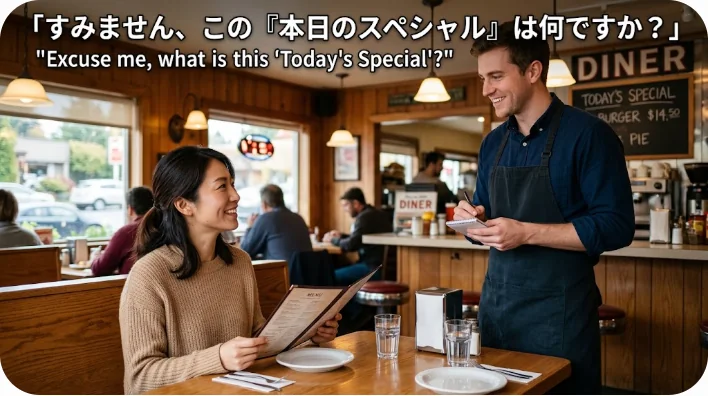 アメリカのレストランで東アジア人の女性客が白人の店員に丁寧に質問している様子