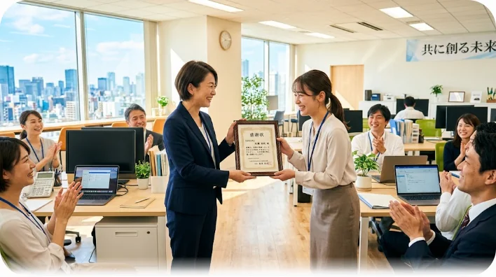 日差しの入る明るいオフィスで、マネージャーが笑顔で優秀な女性社員に感謝状を授与している場面