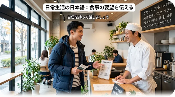 カフェのカウンター越しにシェフに笑顔で要望を伝える旅行者
