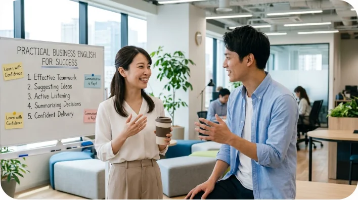 カジュアルなオフィス環境で笑顔で身振り手振りを交えながら会話する2人の東アジア人
