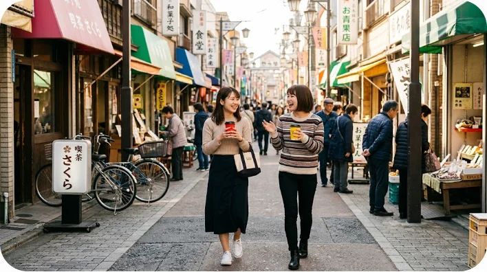晴れた商店街をコーヒーカップを持ちながら楽しそうに歩いて会話している東アジア人の女性の友人2人。