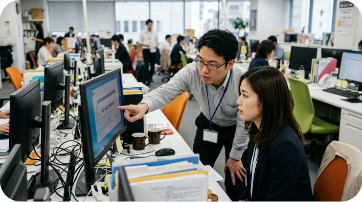 忙しいオフィス環境で、フリーズしたデスクトップパソコンについて女性の同僚を助けている東アジア人の男性ITサポート担当者