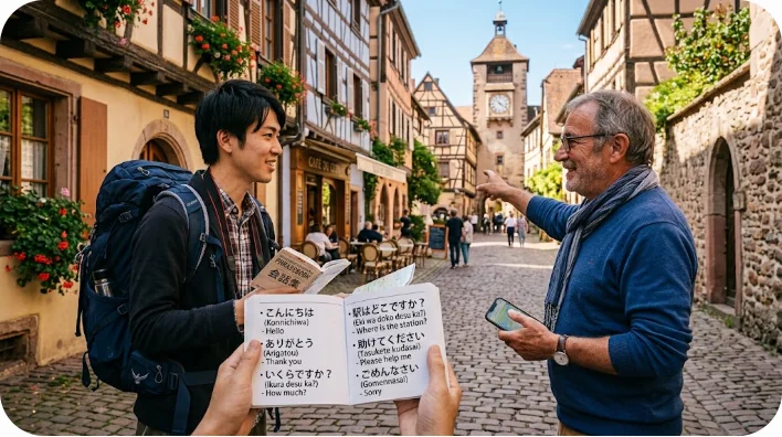 ヨーロッパの古い石畳の街並みで、バックパックを背負った日本人旅行者が現地の紳士に道を尋ねている様子
