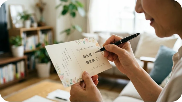 美しい返信用カードを持ち、「出席」のボックスにチェックを入れようとしている手元のクローズアップ