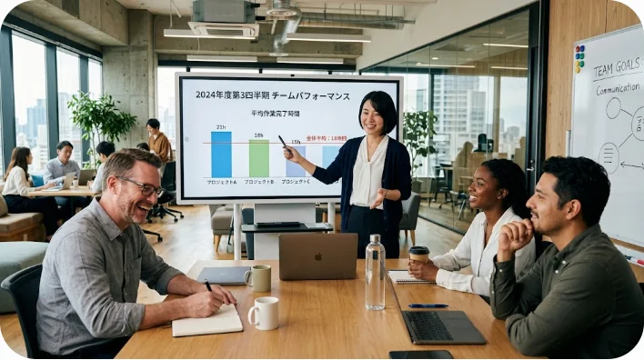 多様なチームがいるオフィスで日本人の従業員が平均値を示すチャートを同僚にプレゼンしている