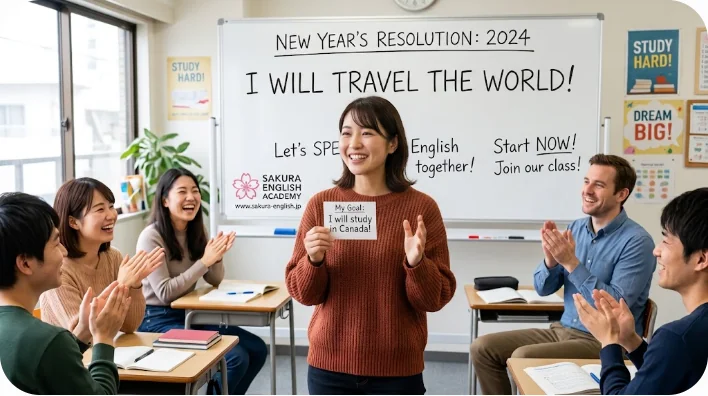 カフェで英語を勉強している日本人の大人の学習者。集中した前向きな表情でノートに新年の抱負を書き込んでいる